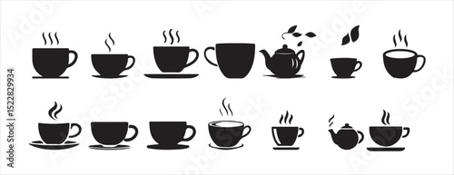 Set of Black Coffee Cup Icons with Steam – Vector Silhouettes of Hot Beverages. Victor illustration eps 10
