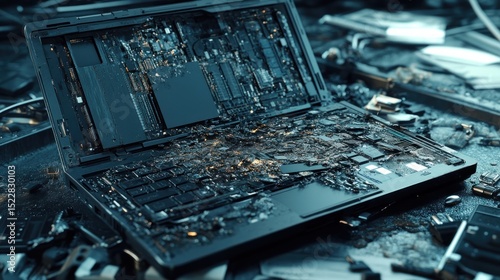 Cracked laptop, broken circuit board, scattered tech debris