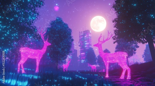 Neon pink deer in a futuristic forest at night. City skyline visible in the background