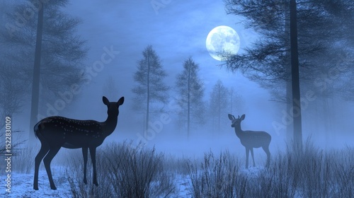 Silhouettes of two deer in a misty forest at night under a full moon