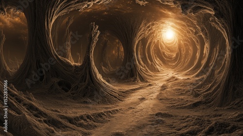 Abstract, surreal cave tunnel with swirling, organic forms