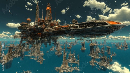 Floating city in the sky, surrounded by a sea of ruined structures