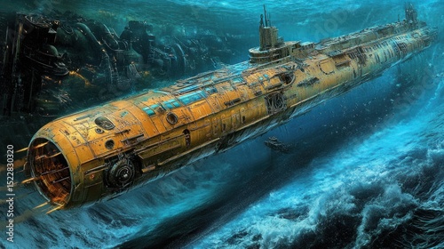 Rusty yellow submarine hurtles through turbulent underwater depths