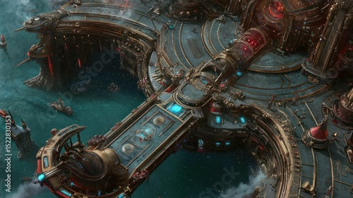Aerial view of a colossal, ornate, steampunk-inspired floating city, docked over a body of water