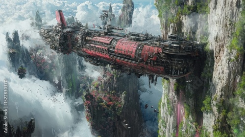 Large, red-hued spaceship floats amidst fantastical, mountainous, cloud-filled landscape
