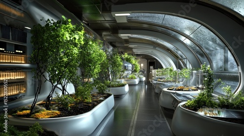 Futuristic interior corridor with plants