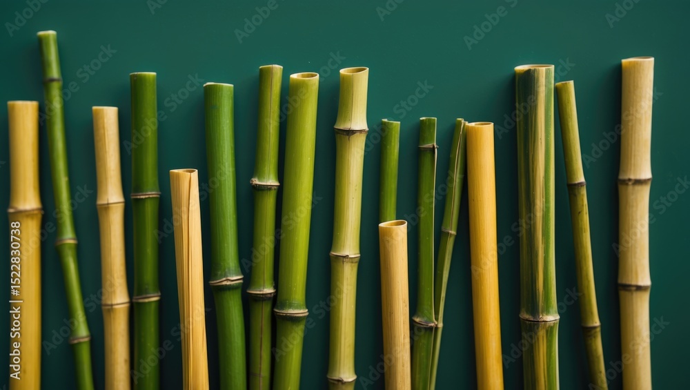Fototapeta premium Bamboo Straw With Green Background and Empty Copy Space For Text