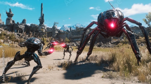 Sci-fi robots & giant spider-like creature in a ruined landscape