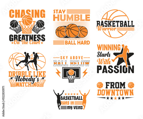 Inspirational basketball quotes graphic design set. Motivational vector collection for sports apparel, posters, and digital content