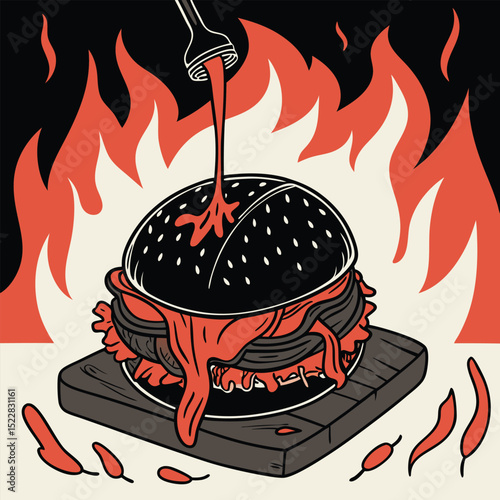 Black charcoal burger with dripping spicy red sauce delicious food meal menu drink tasty foodie