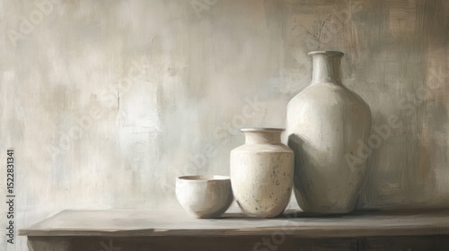 Still life of three light-beige ceramic vases on a weathered wooden table against a textured beige wall