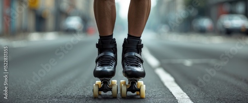 Close Up Inline Skates On The Legs Over The Asphalt with Empty Copy Space For Text photo