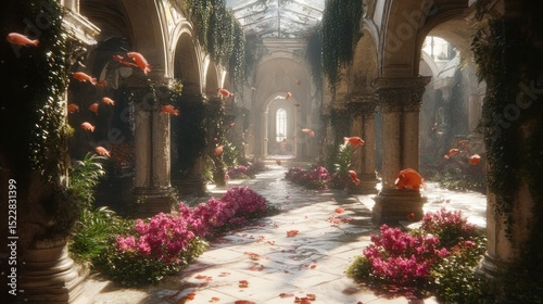 Ruined hall, orange fish, lush plants, arches, sunlight