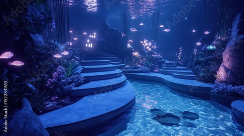 Underwater stairway, glowing plants, and fish