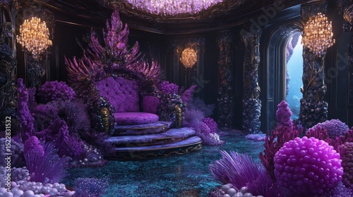 Dark, opulent underwater throne room, purple accents