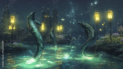 Mystical, glowing, aquatic creatures leap in a vibrant, enchanted night scene