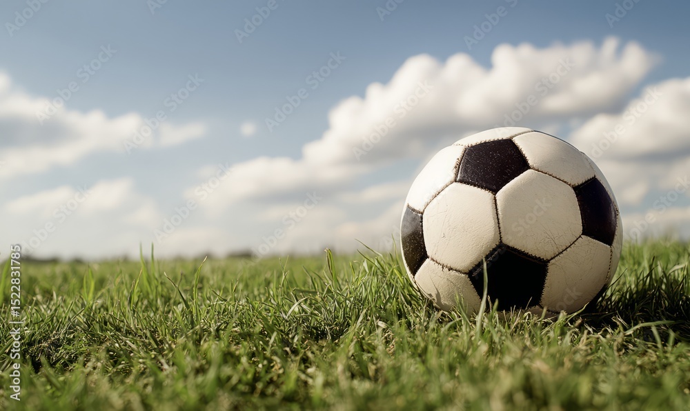 Fototapeta premium Soccer Ball on Grassy Field Under a Cloudy Sky