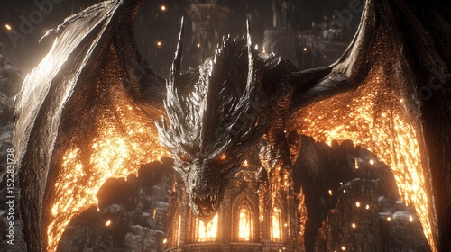 Fiery dragon, colossal wings, glowing eyes, looming over ancient ruins
