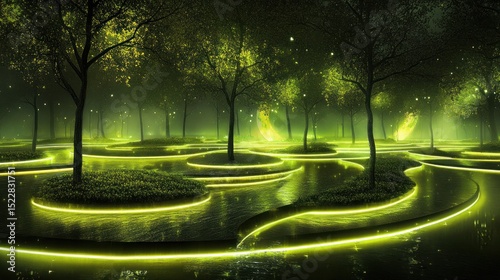 Neon-lit, glowing forest at night