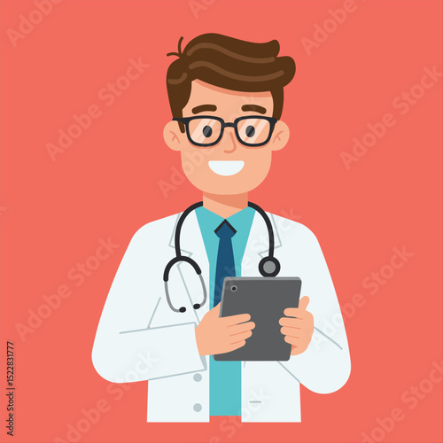 vector illustrations on medical theme. Male doctors in pensive poses and with a notebook