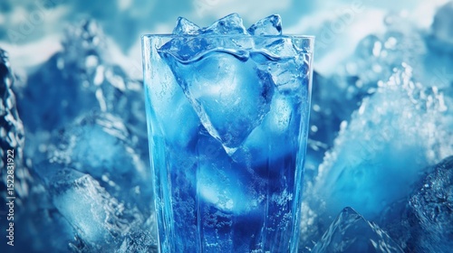 A glass of icy blue drink surrounded by blue ice cubes