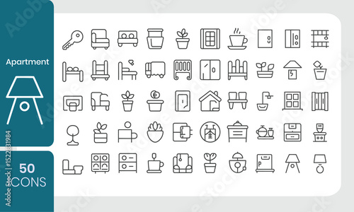 Collection of 50 apartment interior and exterior outline icon set featuring furniture and home decor elements