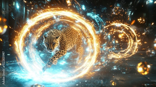 Cheetah bursts through glowing energy rings