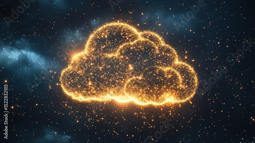 Abstract cloud graphic, glowing with golden particles against a dark starry background