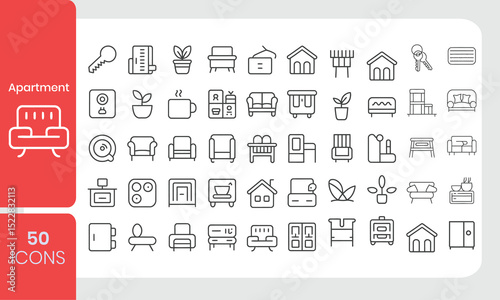 Collection of fifty apartment icons representing furniture and everyday objects in outline style for design use