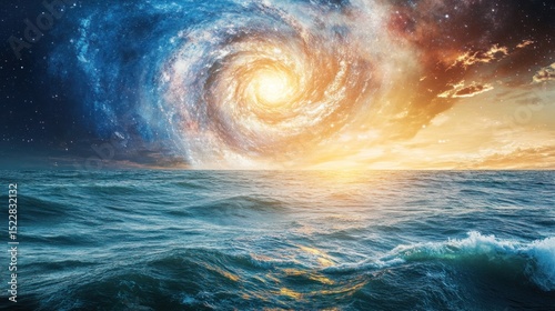 Cosmic swirl over a sea at dawn