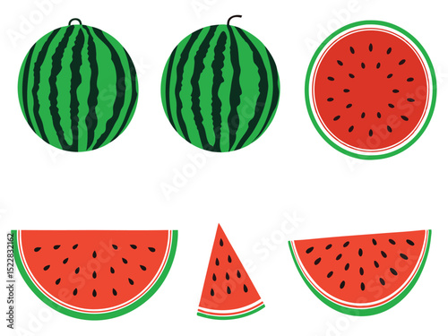 Watermelon vector, Watermelon slice vector icon, Watermelon summer fruit clipart set. Tropical fruit watermelon drawing vector illustration  on white background 
