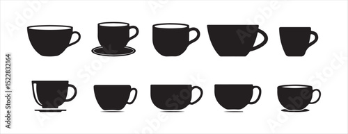 Set of Black Coffee Cup Icons with Steam – Vector Silhouettes of Hot Beverages. Victor illustration eps 10