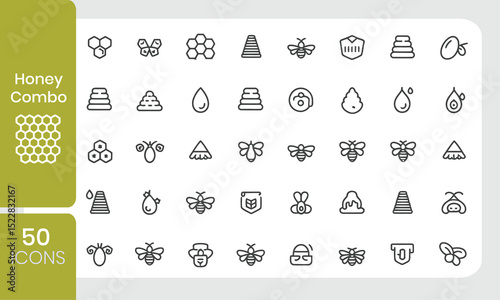 Vector icon set of honeycomb elements with bees and related imagery on a green background