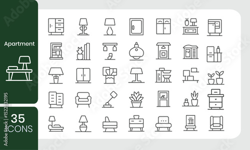 Vector illustration of apartment interior and furniture icons displaying a range of home design elements