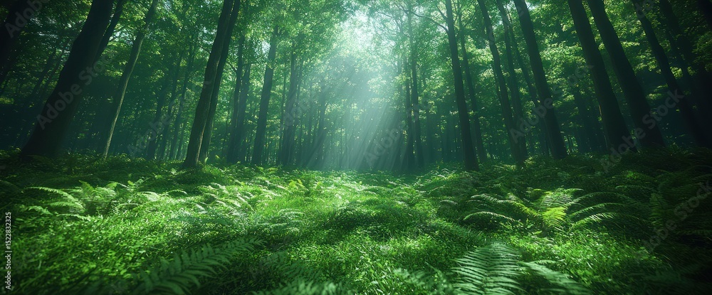 Obraz premium Sunlight streams through a lush forest