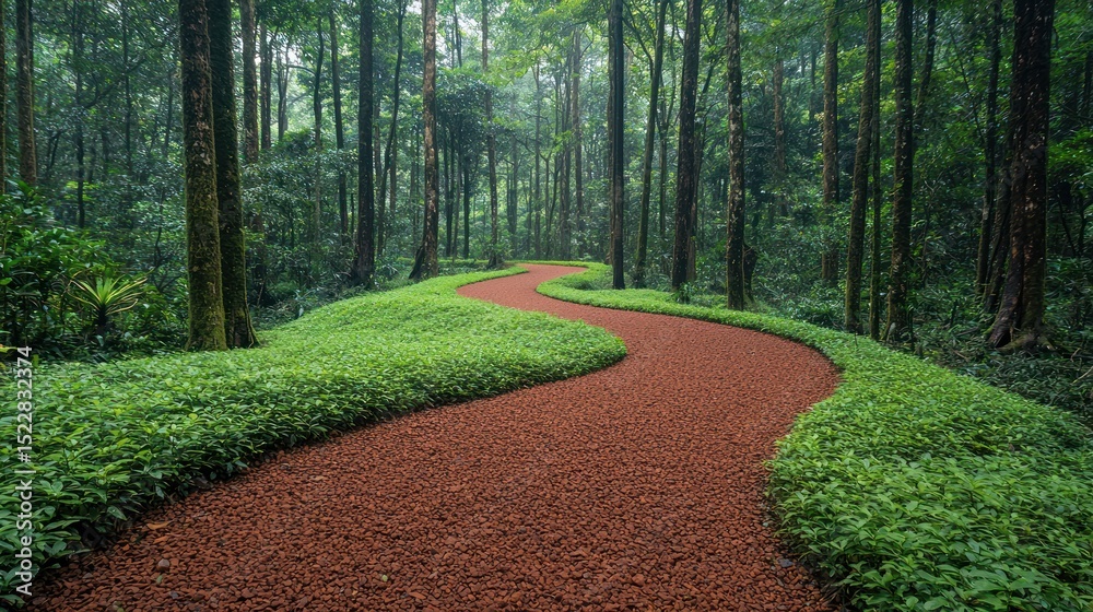 Obraz premium Winding red path through lush green forest
