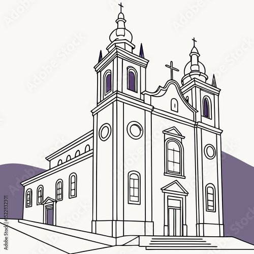 Outline of a historic church with twin towers and a cross  