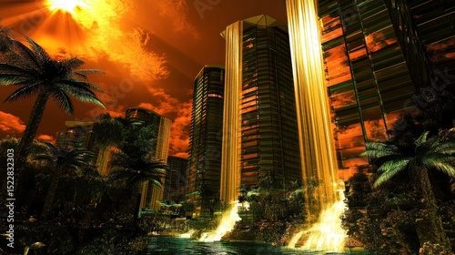 Golden waterfalls cascade down futuristic skyscrapers in a tropical paradise