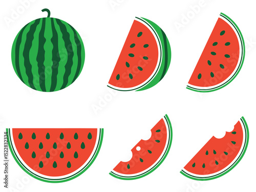 Watermelon vector, Watermelon slice vector icon, Watermelon summer fruit clipart set. Tropical fruit watermelon drawing vector illustration  on white background 
