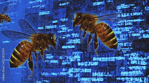 Honeybees hover over a blue digital backdrop