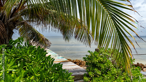 Fototapeta Naklejka Na Ścianę i Meble -  A breeze creates an idyllic scene as it gently rustles palm fronds near a dock that extends into the Gulf