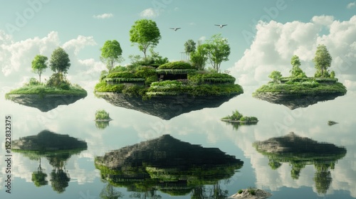 Floating islands with lush vegetation, reflected in calm water