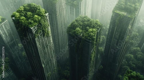 Abandoned skyscrapers overgrown with vegetation