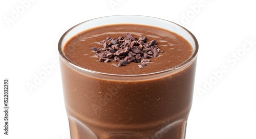 cacao smoothie in glass with cacao nibs topping isolated on a white background for beverage and dessert concepts