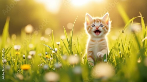 Playful kitten running happily in a sunlit field of flowers  