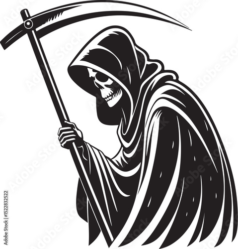 Reaper Death Vector Illustration, Sketch Drawing Line Linear Symbol Icon Engraving Coloring Book, Hand-drawn Black and White Isolated