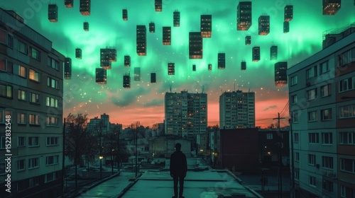 Silhouetted figure on rooftop, city skyline, floating buildings, surreal aurora