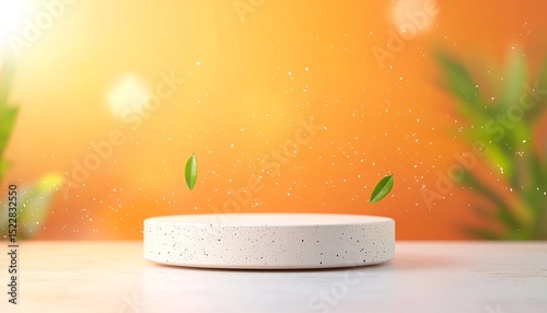 White Minimalist Round Platform With Central Light And Green Leaves
