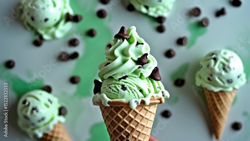 Background of delicious chocolate chip mint ice cream with waffle cones and scattered chocolate chips. photo