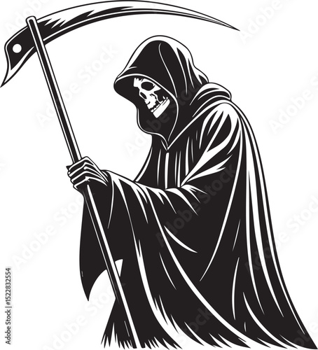 Reaper Death Vector Illustration, Sketch Drawing Line Linear Symbol Icon Engraving Coloring Book, Hand-drawn Black and White Isolated